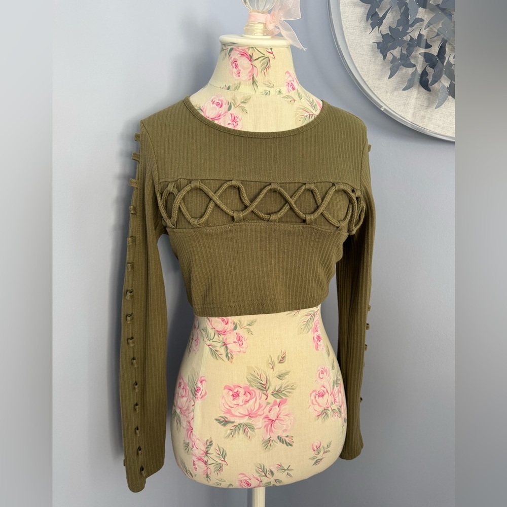 Missguided Olive Crop Top with Lattice Detail